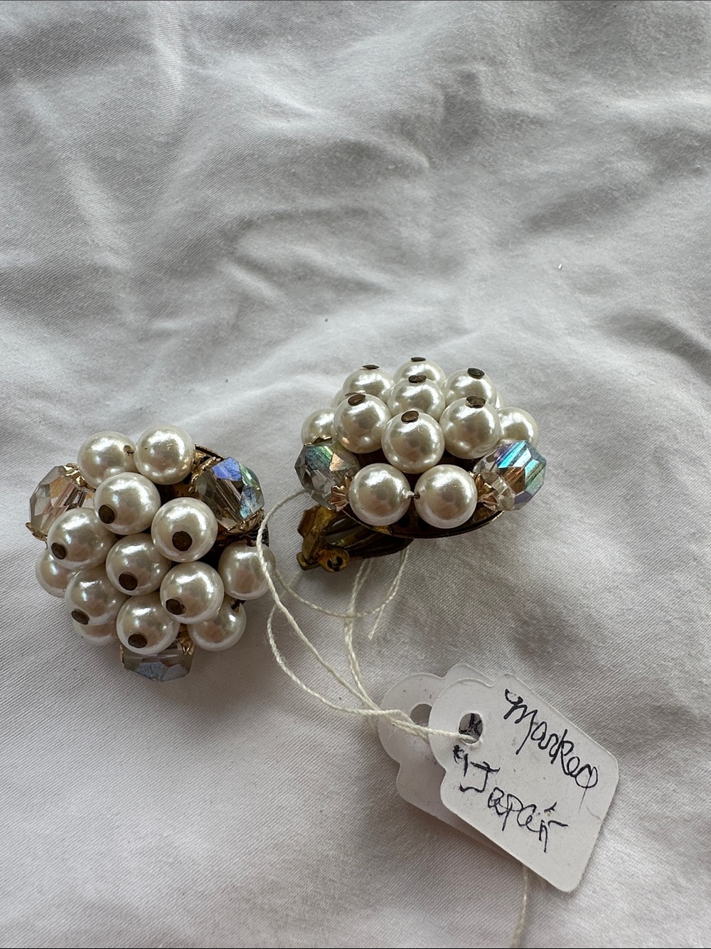 Pearl Cluster Clip-On Earrings-Cream  Pearl Accent, marked Japan